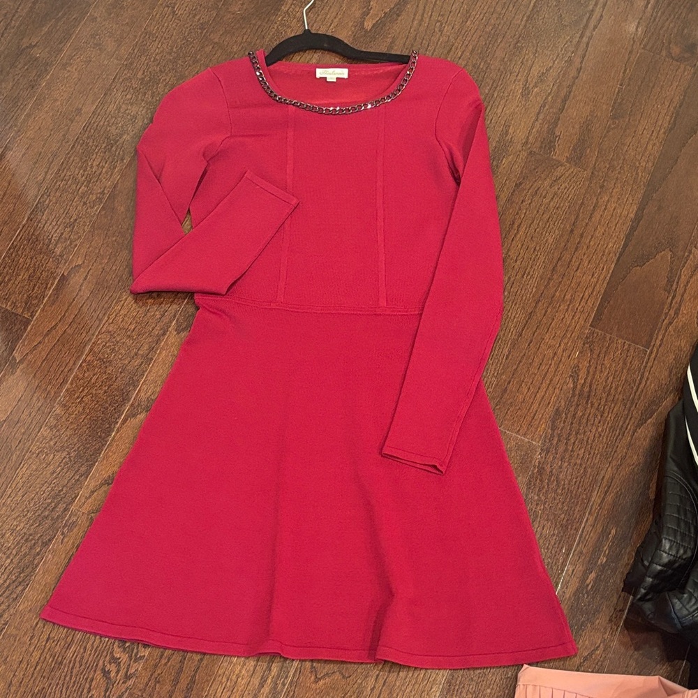Shoshanna Red Long Sleeve Fit-and-Flare Dress with Beaded Neckline